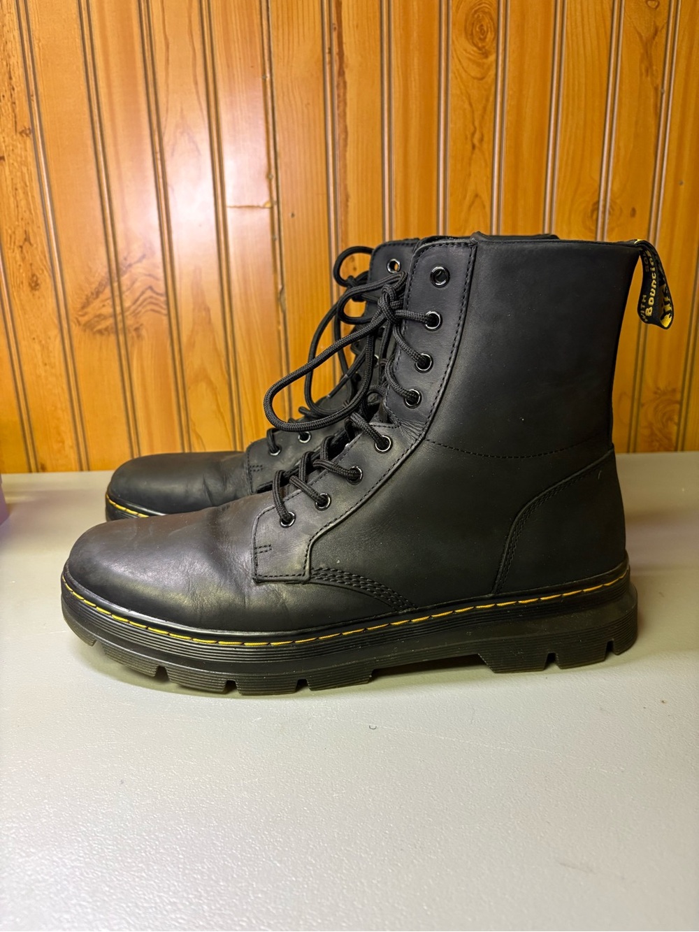 Dr. Martens Black Leather Lace-Up Ankle Boots with Yellow Stitching